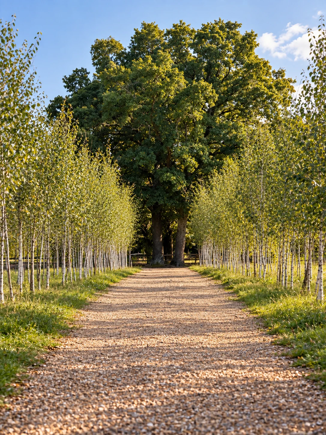 The birch alley leading to the old oak