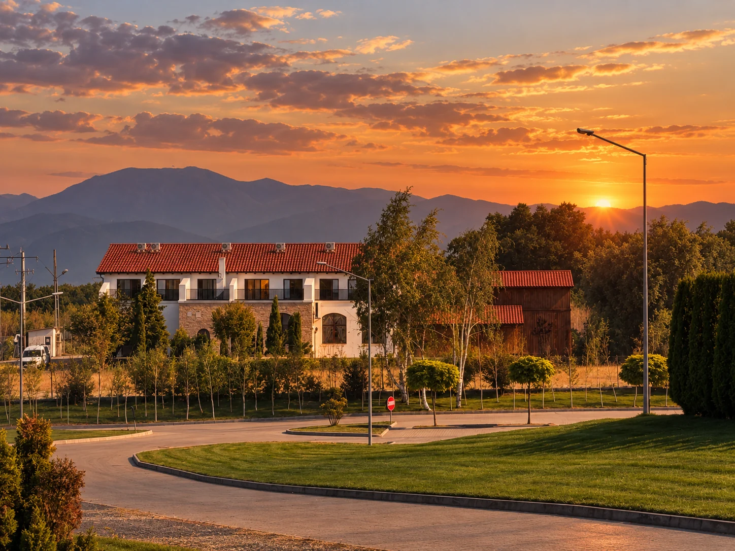 Arboris Country Estate at sunset, the Carpathians behind
