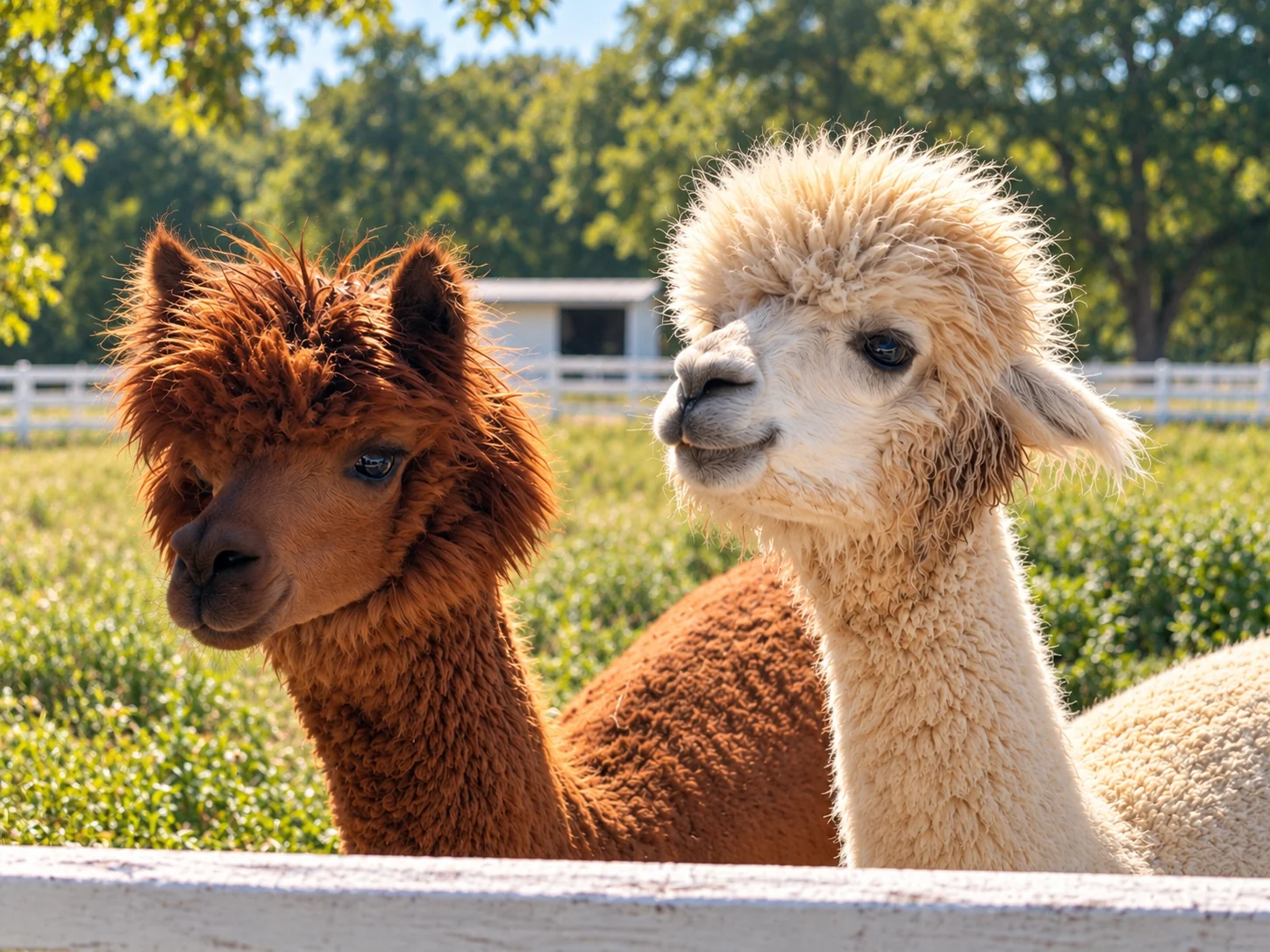 Alpacas at the fence in the afternoon sun