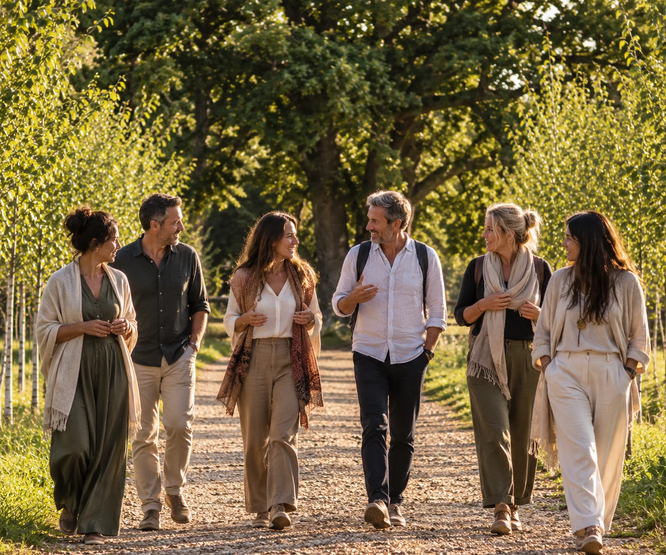 Guests walking the birch alley together in late afternoon light