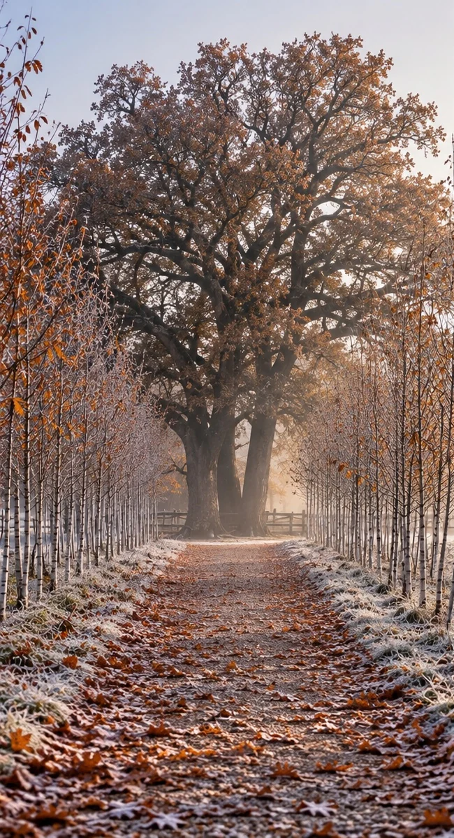The oak avenue under first frost
