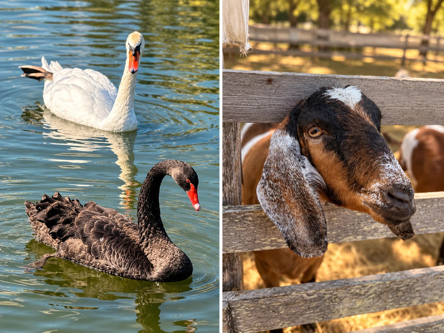 Swans on the estate lake and a goat at the paddock fence